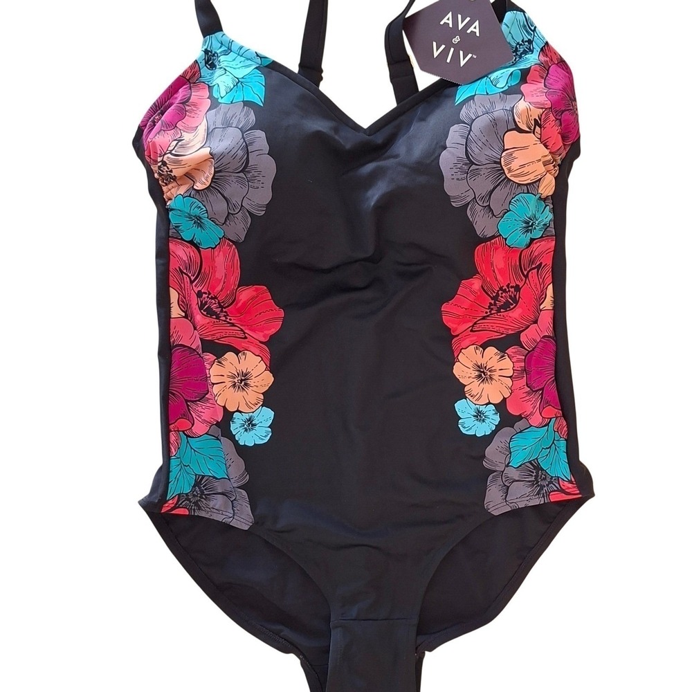 Ava & Viv Swimwear NWT size 16 Black Swim One-Piece Swimsuit Floral tropical NEW